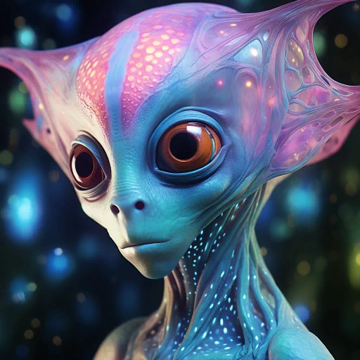 Alien avatar with large orange eyes and iridescent skin against a starry background for a profile picture.