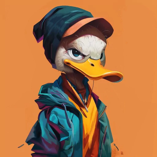 Stylish duck avatar with cap and jacket against an orange background.