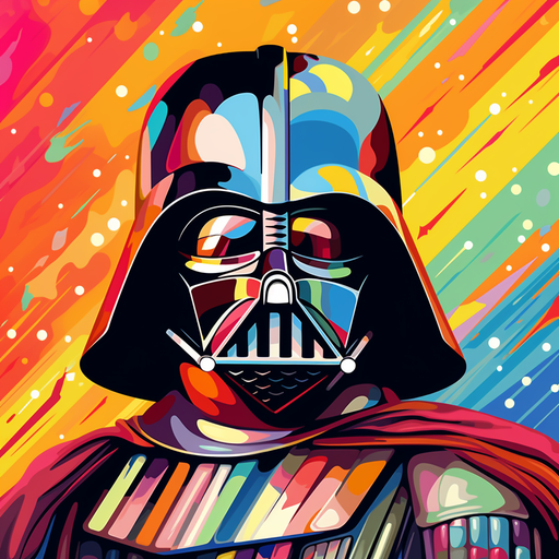 Pop art style portrait of Darth Vader, a character from Star Wars, with vibrant colors and bold lines.