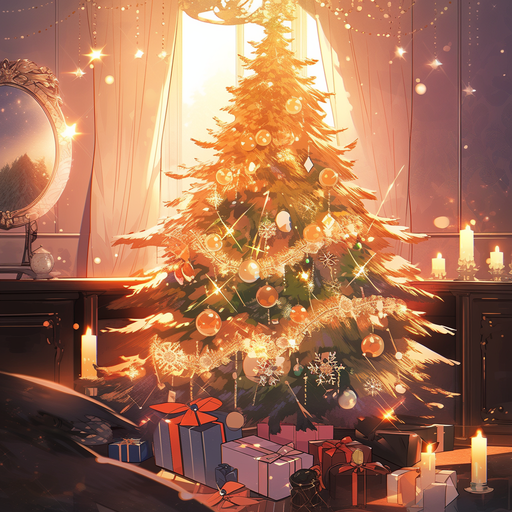 Anime Christmas tree with colorful decorations and twinkling lights.