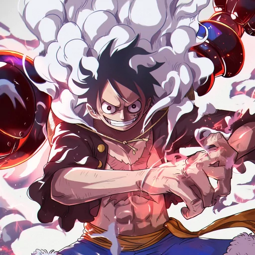 Gear 5 Luffy profile picture displaying the character in an action pose with dynamic, cloud-like background.