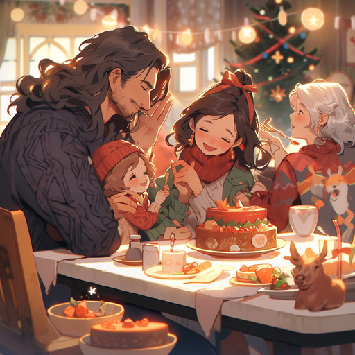 Anime family celebrating Christmas with a festive aesthetic.