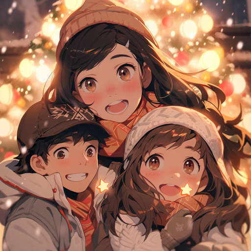 Anime portrait of a family celebrating Christmas with a festive aesthetic