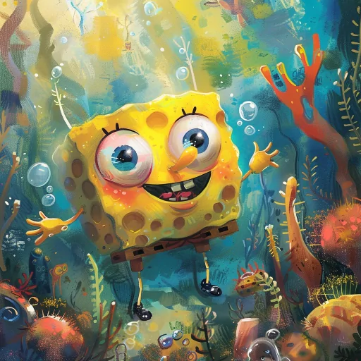 Cartoon sponge character avatar with a cheerful expression, waving in an underwater scene with bubbles and coral.