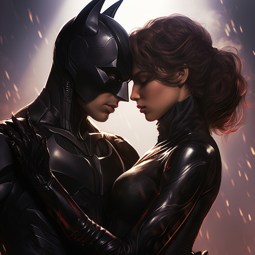 Batman and Catwoman in a loving embrace.