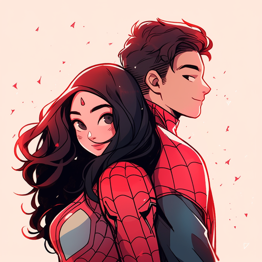 Affectionate couple wearing Spider-Man and Spider-Woman masks.