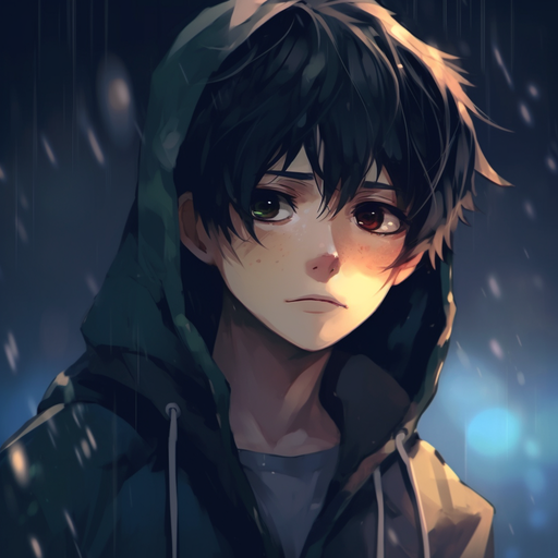 Sad anime boy with pensive expression.