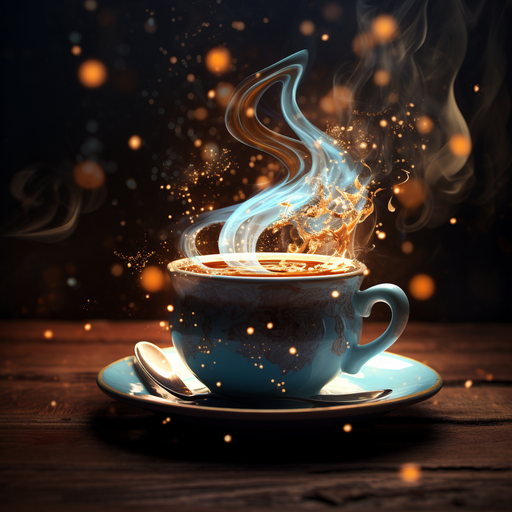Steaming cup of aromatic coffee with swirling wisps rising from it.