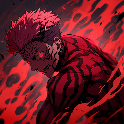 Sukuna with menacing expression on a fiery background.