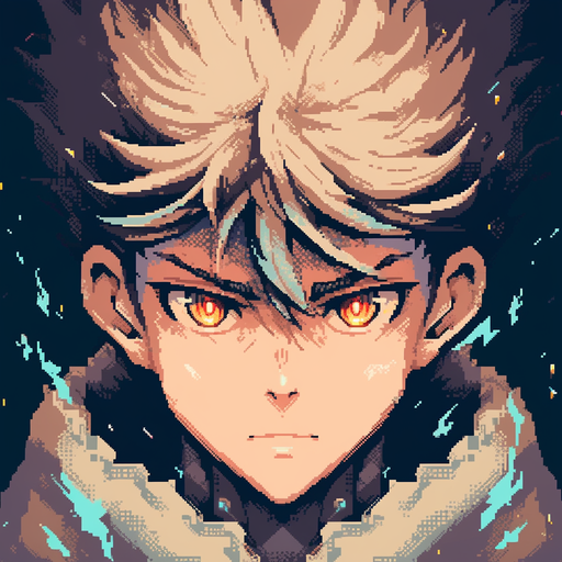 Anime boy with a vibrant 8-bit style, inspired by Asta from the Black Clover anime.