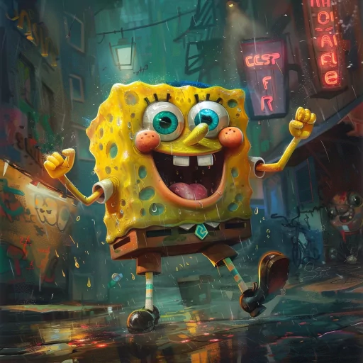 SpongeBob SquarePants avatar with a cheerful expression walking down a stylized urban alley, perfect for a profile photo or PFP.