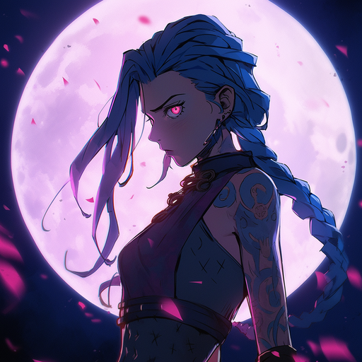 Jinx standing under a moonlit sky in Studio Ghibli style.