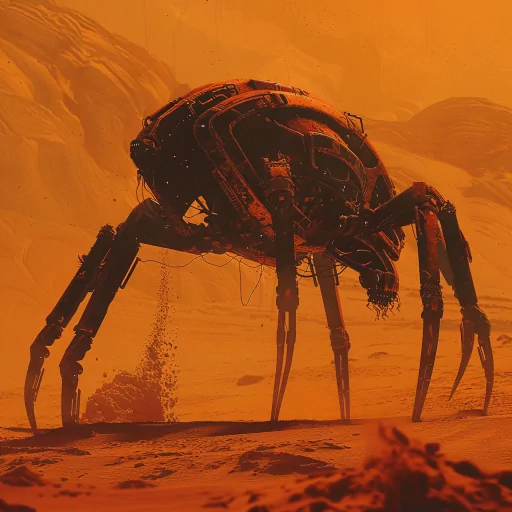 Science fiction inspired avatar featuring a robotic spider on a red, martian-like landscape, ideal for a profile photo or PFP.