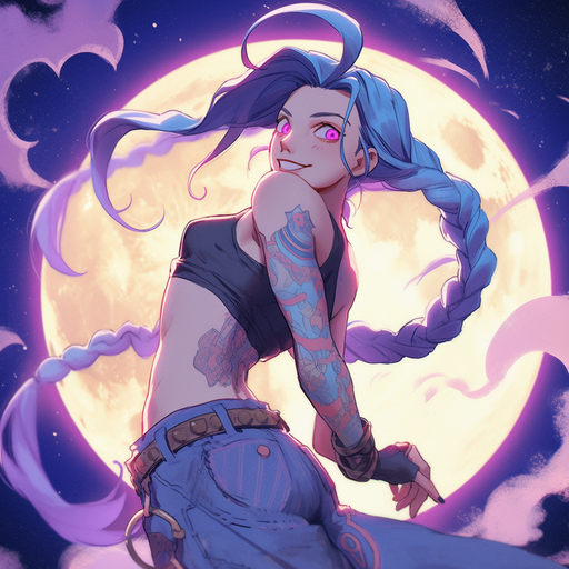 Jinx in a moonlit studio Ghibli-inspired scene.