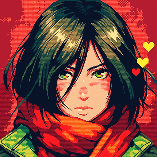 Mikasa Ackerman, an 8bit character from Attack on Titan, smiling and in love.