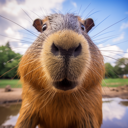 Close-up of a capybara's face, looking calm and serene.