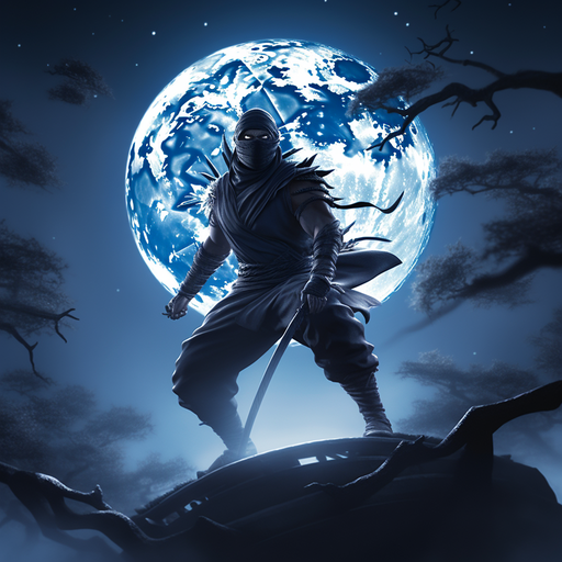 Ninja silhouette against a serene moonlit background.