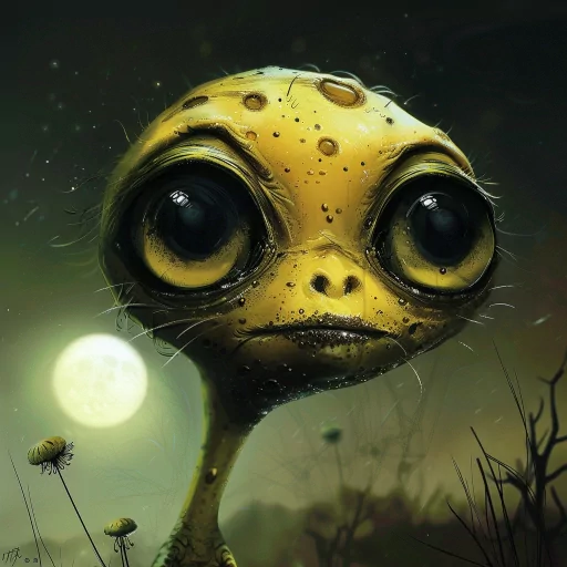 Alien profile picture featuring a large-eyed extraterrestrial with a yellowish complexion set against a moody, atmospheric backdrop with a glowing moon.