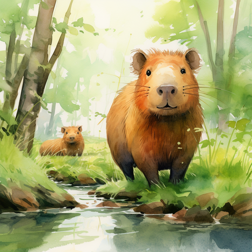 Colorful capybara in a forest.