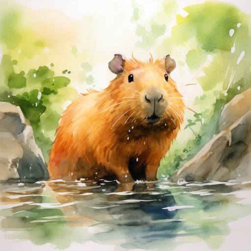Watercolor capybara in the forest.