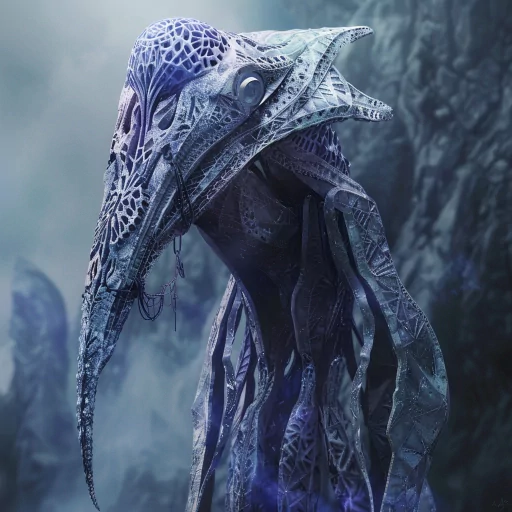 Intricately designed alien avatar with a detailed blue exoskeleton set against a misty extraterrestrial backdrop, suitable for a profile photo.