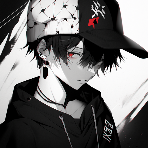 Black and white anime-style profile picture of a trendy man or boy with a colorful niji background.