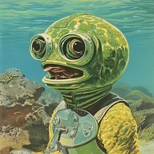 Illustrated alien avatar with a retro dive suit aesthetic set against an underwater backdrop for a unique profile picture.