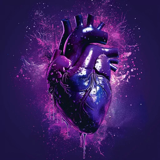 Artistic heart-shaped profile picture with vibrant purple and pink hues on a dark background.