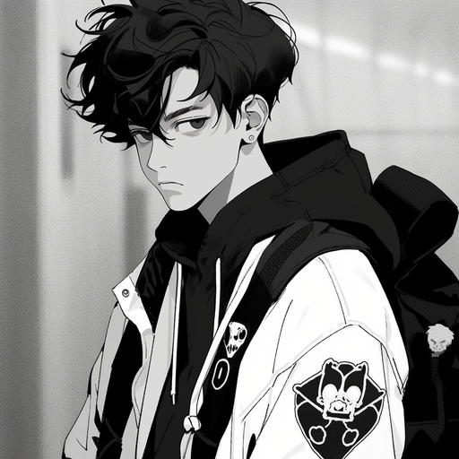 Monochrome anime-style profile picture of a trendy male or boy character in black and white.