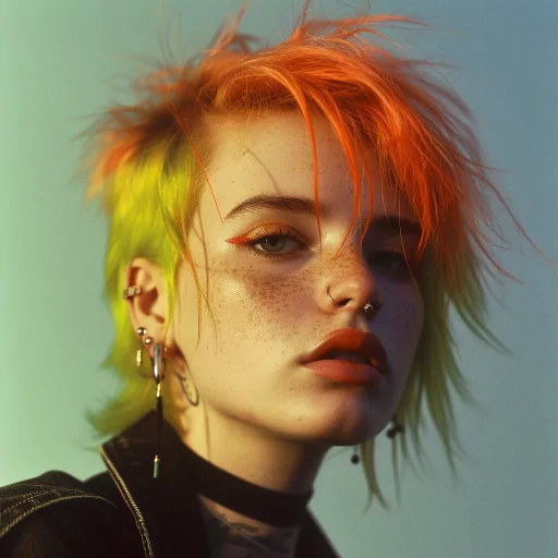 Punk styled profile picture featuring a person with vibrant orange and yellow hair, multiple piercings, and a confident expression.