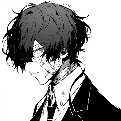 Dazai, a black and white manga-style character with a mysterious look on his face.