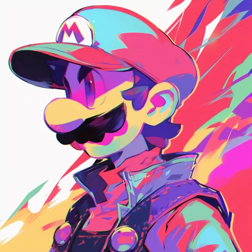 Colorful artistic rendition of Mario for a profile picture with vibrant abstract background.