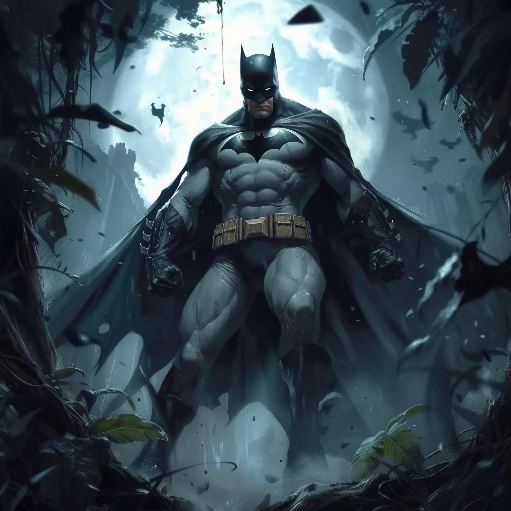 Illustration of Batman standing heroically among shadows and foliage, ideal for use as a dynamic avatar or profile picture.