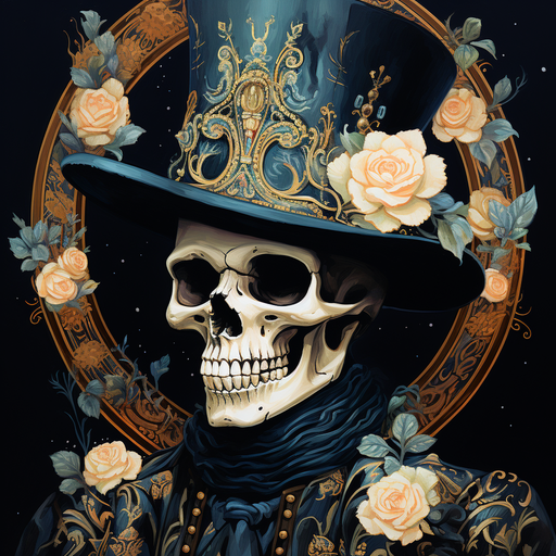 Colorful skeletal artwork on a black background.