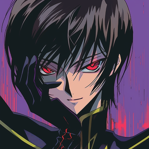 Portrait of Lelouch, a character from Code Geass, with a colorful risograph filter background.