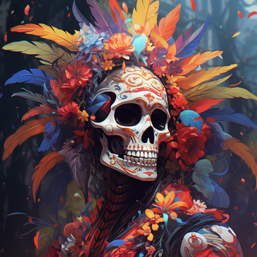 Skeleton with vibrant, intricate patterns in maximalist style.