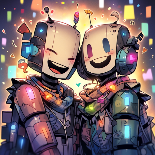 Robotic couple artwork with vibrant colors.