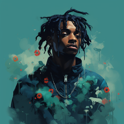 Playboi Carti against a vibrant background, featuring artistic elements.