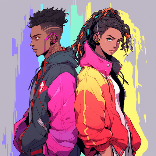 A stylish art depiction of a couple intertwined like warriors.