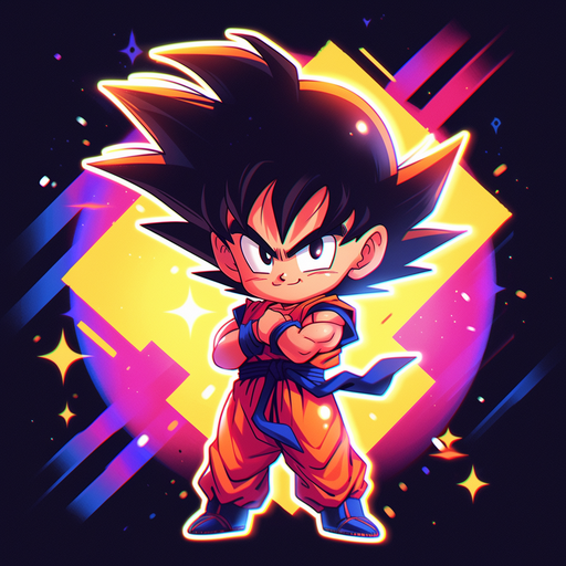 Chibi-style Goku with vibrant background gradient.