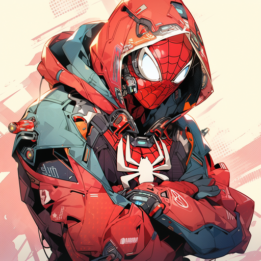 Cyberpunk-inspired Spider-Man with robotic elements in a dynamic pose.