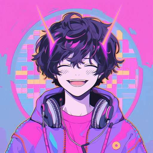 Anime boy with a vaporwave style, featuring a smiling expression.