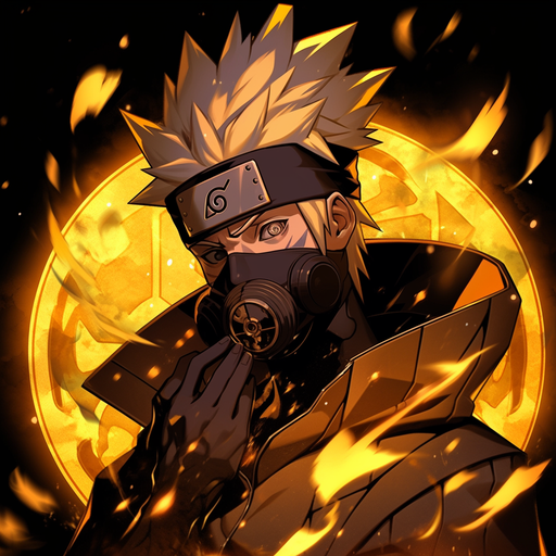 Kakashi Hatake in golden colors, showing intense emotion and a sense of uniqueness.