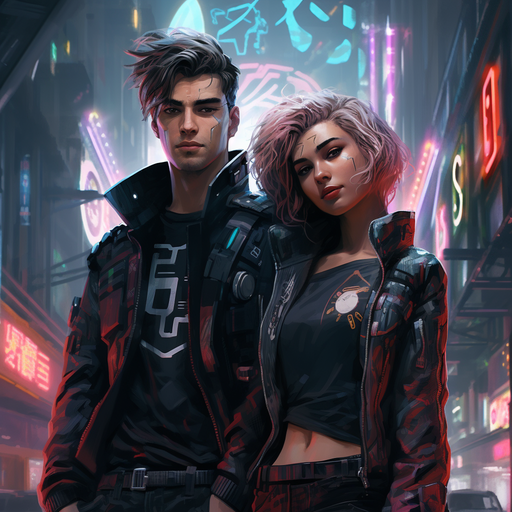 Stylish cyberpunk couple with glowing neon attire.