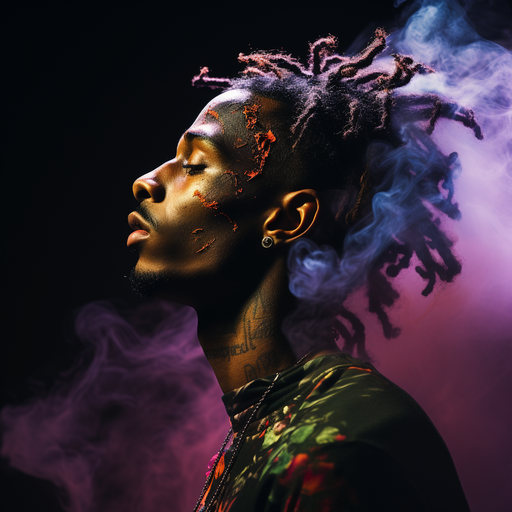 Playboi Carti in profile, surrounded by colorful smoke, with an artistic style.