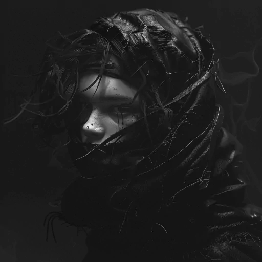 Alt Text: Dark and mysterious avatar featuring a monochromatic portrait of a person with obscured face wrapped in textured fabric, perfect for a stylish and enigmatic profile photo.