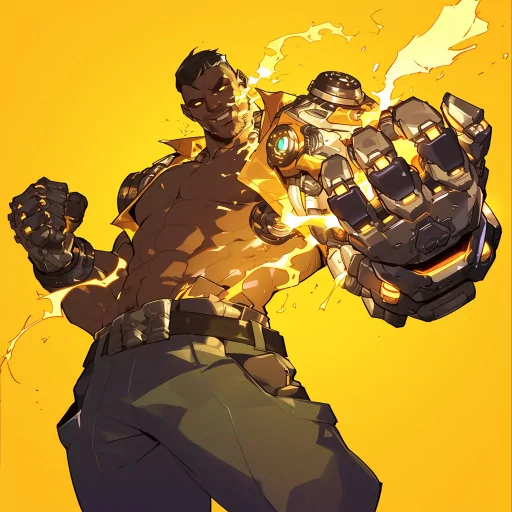 Overwatch character avatar showcasing a powerful pose with a high-tech gauntlet on a vibrant yellow background, ideal for an engaging profile photo or pfp.