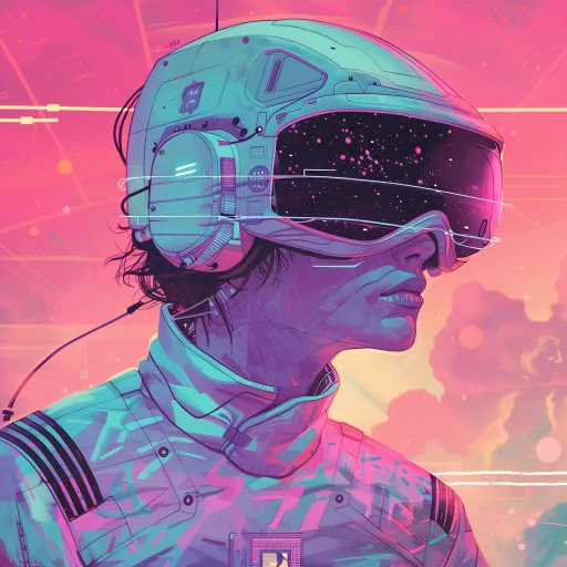 Y2K-themed avatar featuring a person with futuristic VR headset against a neon pink backdrop.
