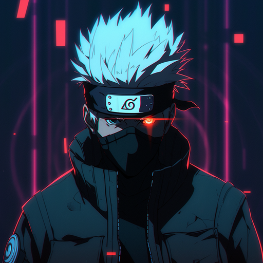 Cyberpunk-style Kakashi from Naruto anime with vibrant colors and futuristic elements.