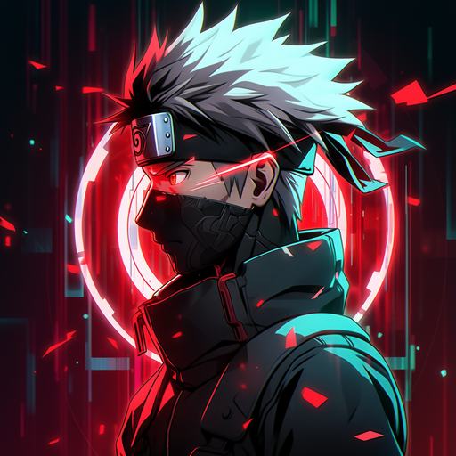 Kakashi in cyberpunk style with vibrant colors.